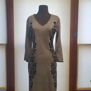 Grey Chevron Black Rose Long Sleeve Sweater Dress